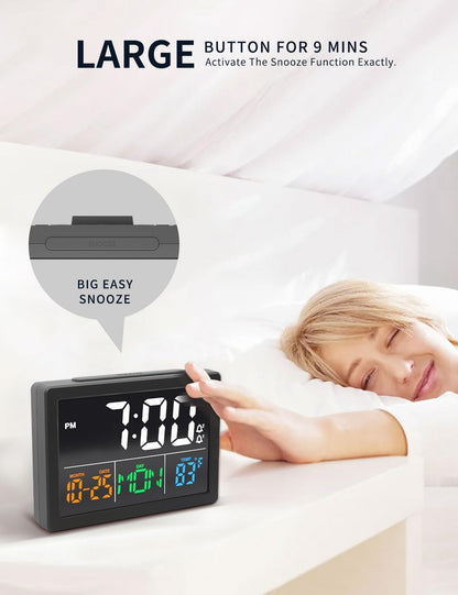 Digital Clock with Date Day for Seniors, Electric Alarm Clocks for Bedrooms with Temperature, 2 Alarms, Dimmer, Dual USB Charger, Battery Backup, Volume Control, Snooze, Bedside Desk Clock, Black