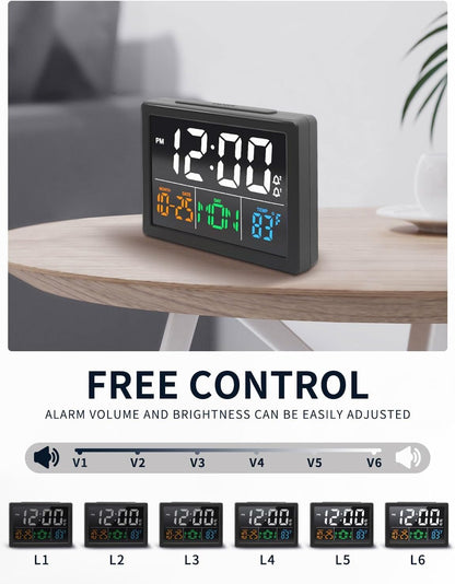 Digital Clock with Date Day for Seniors, Electric Alarm Clocks for Bedrooms with Temperature, 2 Alarms, Dimmer, Dual USB Charger, Battery Backup, Volume Control, Snooze, Bedside Desk Clock, Black