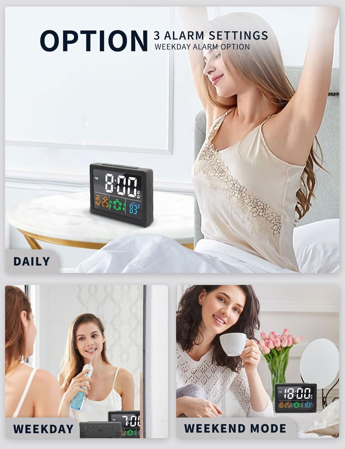 Digital Clock with Date Day for Seniors, Electric Alarm Clocks for Bedrooms with Temperature, 2 Alarms, Dimmer, Dual USB Charger, Battery Backup, Volume Control, Snooze, Bedside Desk Clock, Black