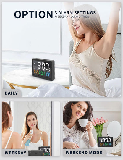 Digital Clock with Date Day for Seniors, Electric Alarm Clocks for Bedrooms with Temperature, 2 Alarms, Dimmer, Dual USB Charger, Battery Backup, Volume Control, Snooze, Bedside Desk Clock, Black