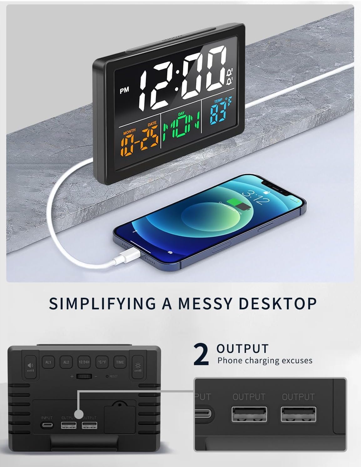 Digital Clock with Date Day for Seniors, Electric Alarm Clocks for Bedrooms with Temperature, 2 Alarms, Dimmer, Dual USB Charger, Battery Backup, Volume Control, Snooze, Bedside Desk Clock, Black
