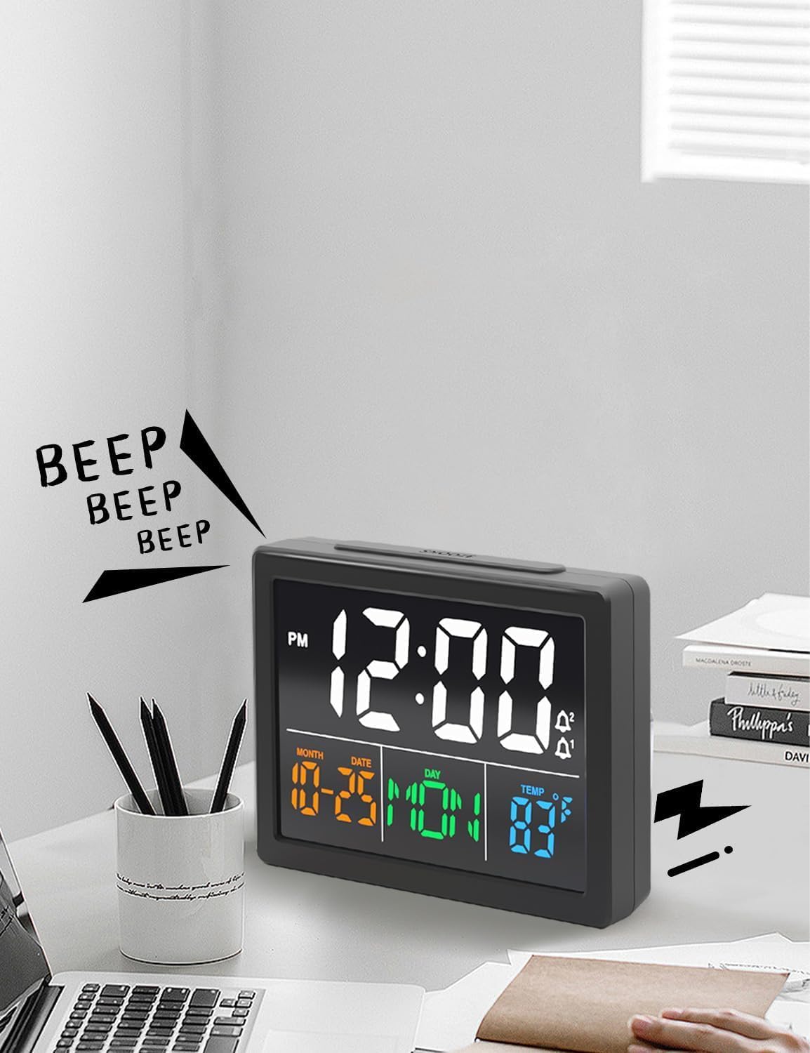 Digital Clock with Date Day for Seniors, Electric Alarm Clocks for Bedrooms with Temperature, 2 Alarms, Dimmer, Dual USB Charger, Battery Backup, Volume Control, Snooze, Bedside Desk Clock, Black
