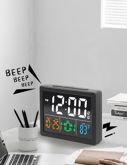 Digital Clock with Date Day for Seniors, Electric Alarm Clocks for Bedrooms with Temperature, 2 Alarms, Dimmer, Dual USB Charger, Battery Backup, Volume Control, Snooze, Bedside Desk Clock, Black