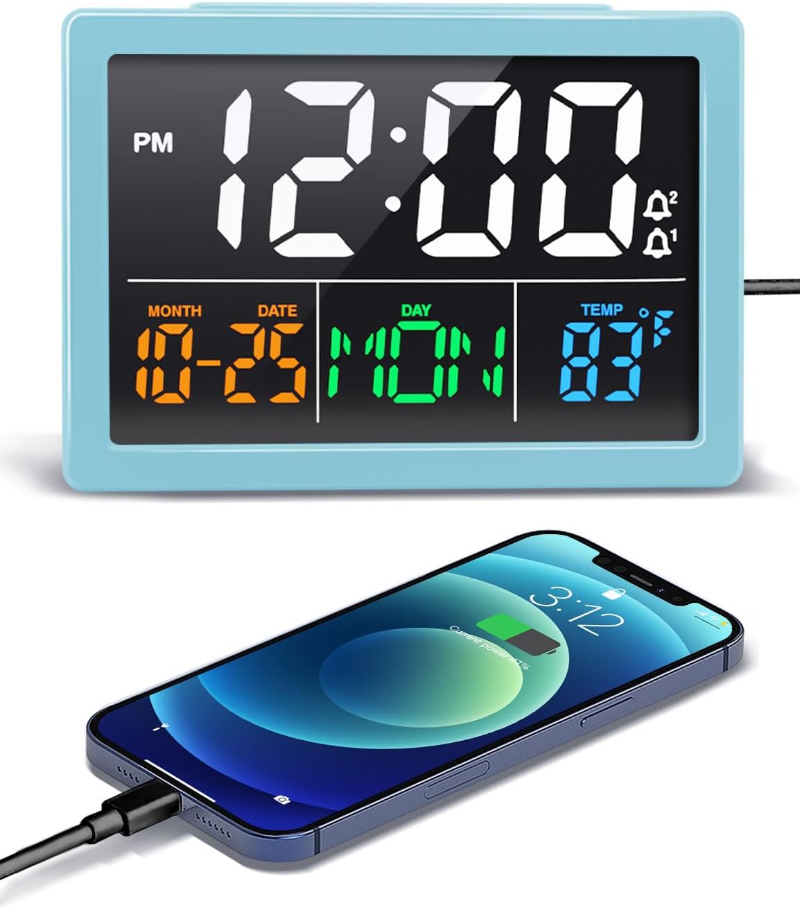 Digital Clock with Date Day for Seniors, Electric Alarm Clocks for Bedrooms with Temperature, 2 Alarms, Dimmer, Dual USB Charger, Battery Backup, Volume Control, Snooze, Bedside Desk Clock, Black