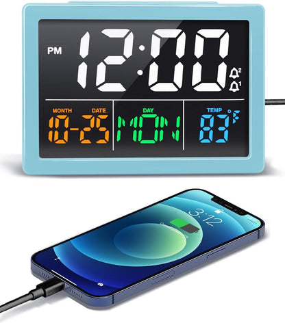 Digital Clock with Date Day for Seniors, Electric Alarm Clocks for Bedrooms with Temperature, 2 Alarms, Dimmer, Dual USB Charger, Battery Backup, Volume Control, Snooze, Bedside Desk Clock, Black
