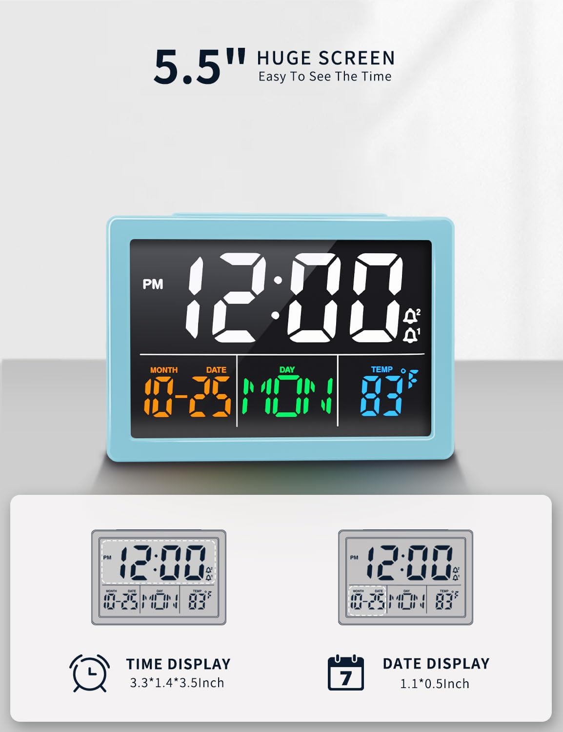 Digital Clock with Date Day for Seniors, Electric Alarm Clocks for Bedrooms with Temperature, 2 Alarms, Dimmer, Dual USB Charger, Battery Backup, Volume Control, Snooze, Bedside Desk Clock, Black