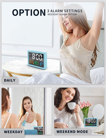 Digital Clock with Date Day for Seniors, Electric Alarm Clocks for Bedrooms with Temperature, 2 Alarms, Dimmer, Dual USB Charger, Battery Backup, Volume Control, Snooze, Bedside Desk Clock, Black