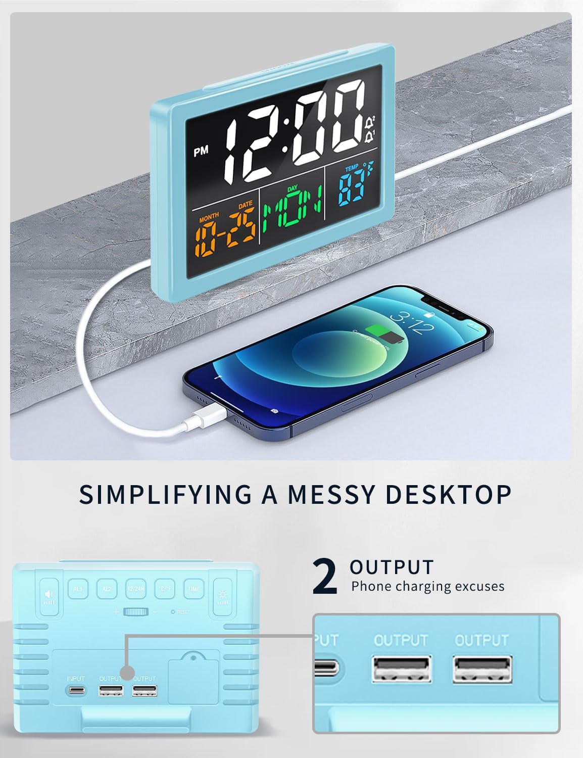 Digital Clock with Date Day for Seniors, Electric Alarm Clocks for Bedrooms with Temperature, 2 Alarms, Dimmer, Dual USB Charger, Battery Backup, Volume Control, Snooze, Bedside Desk Clock, Black