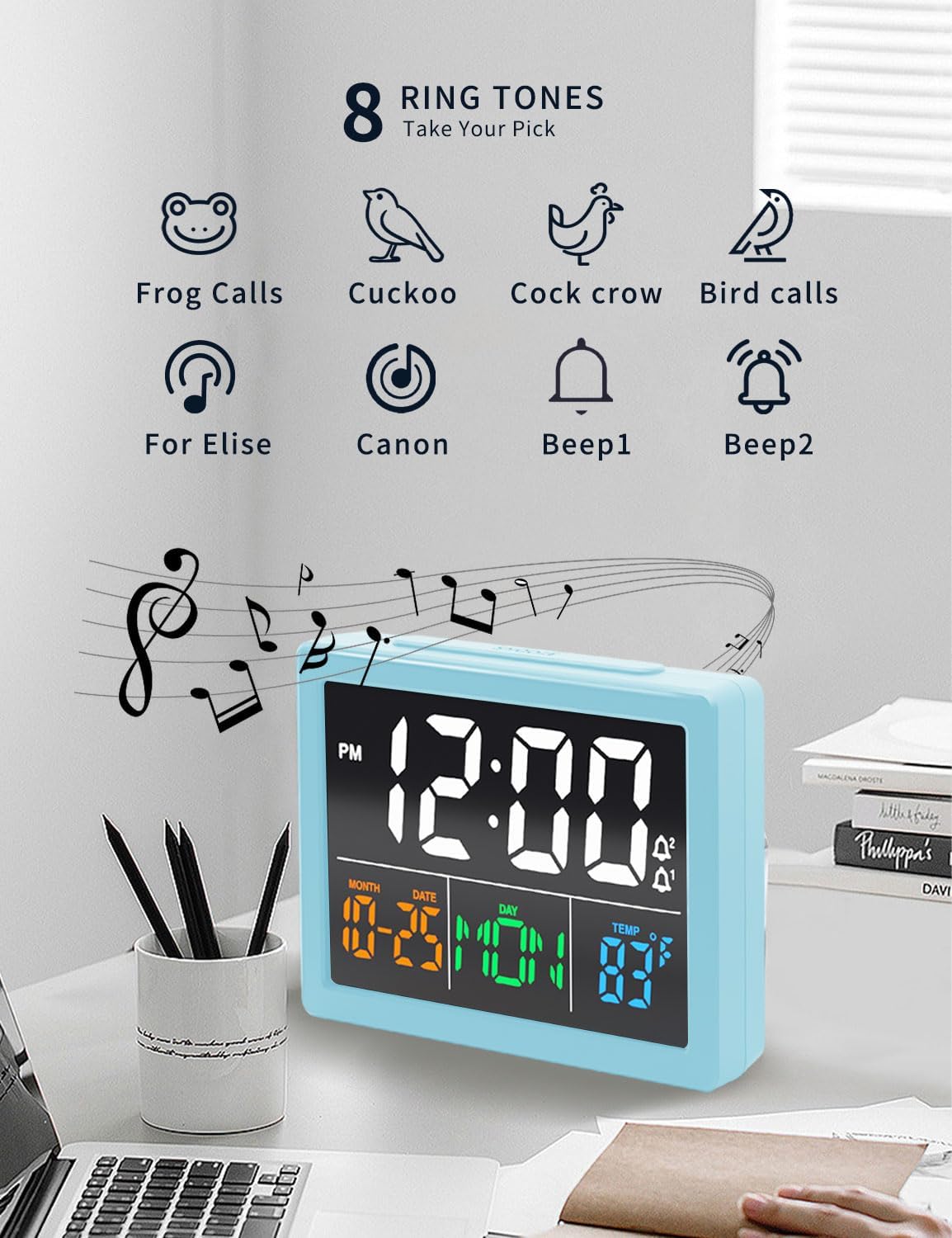 Digital Clock with Date Day for Seniors, Electric Alarm Clocks for Bedrooms with Temperature, 2 Alarms, Dimmer, Dual USB Charger, Battery Backup, Volume Control, Snooze, Bedside Desk Clock, Black