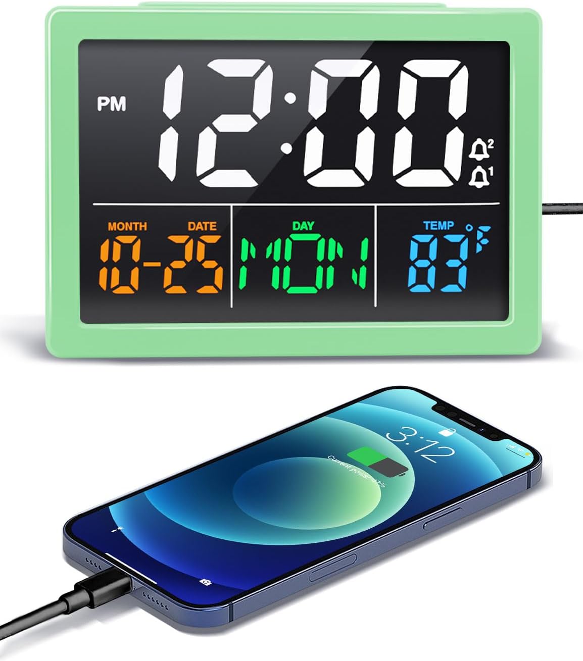 Digital Clock with Date Day for Seniors, Electric Alarm Clocks for Bedrooms with Temperature, 2 Alarms, Dimmer, Dual USB Charger, Battery Backup, Volume Control, Snooze, Bedside Desk Clock, Black