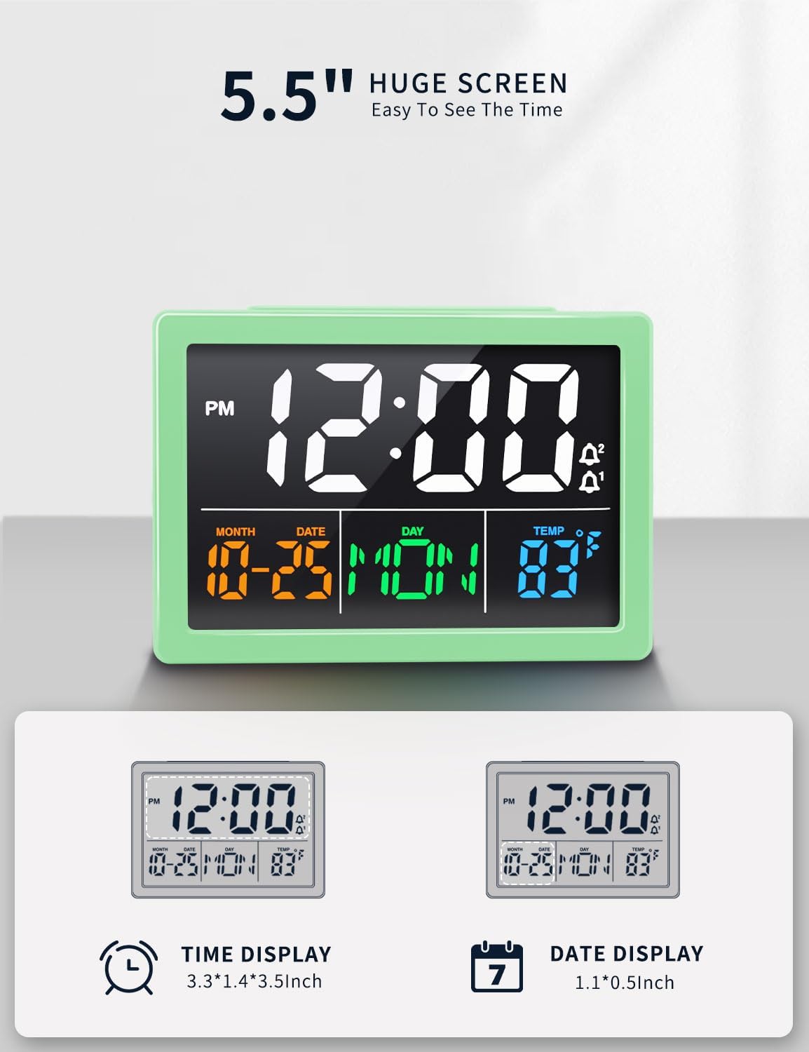 Digital Clock with Date Day for Seniors, Electric Alarm Clocks for Bedrooms with Temperature, 2 Alarms, Dimmer, Dual USB Charger, Battery Backup, Volume Control, Snooze, Bedside Desk Clock, Black