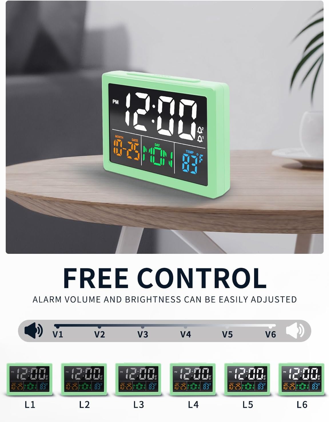 Digital Clock with Date Day for Seniors, Electric Alarm Clocks for Bedrooms with Temperature, 2 Alarms, Dimmer, Dual USB Charger, Battery Backup, Volume Control, Snooze, Bedside Desk Clock, Black