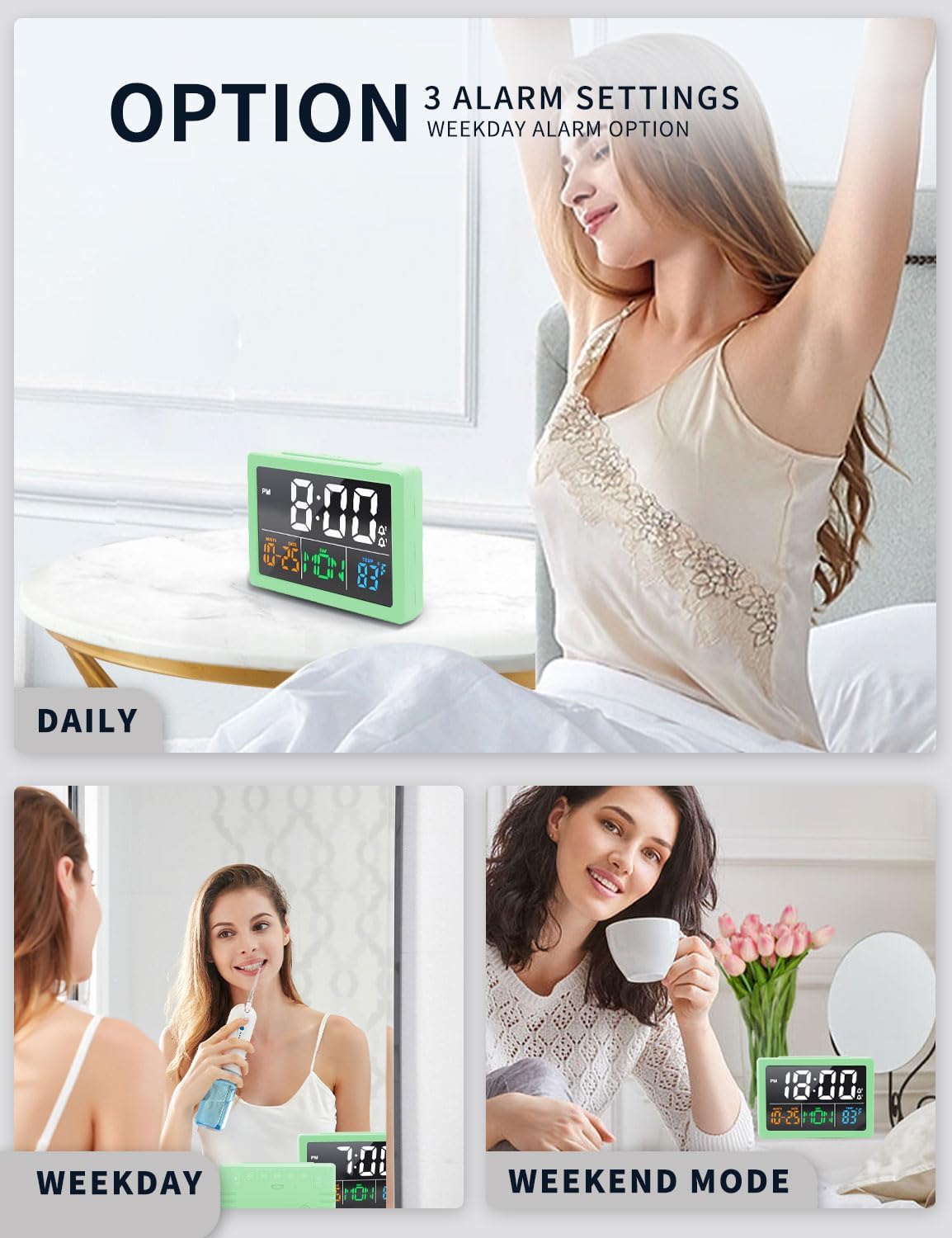 Digital Clock with Date Day for Seniors, Electric Alarm Clocks for Bedrooms with Temperature, 2 Alarms, Dimmer, Dual USB Charger, Battery Backup, Volume Control, Snooze, Bedside Desk Clock, Black