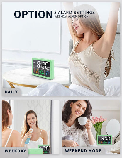 Digital Clock with Date Day for Seniors, Electric Alarm Clocks for Bedrooms with Temperature, 2 Alarms, Dimmer, Dual USB Charger, Battery Backup, Volume Control, Snooze, Bedside Desk Clock, Black