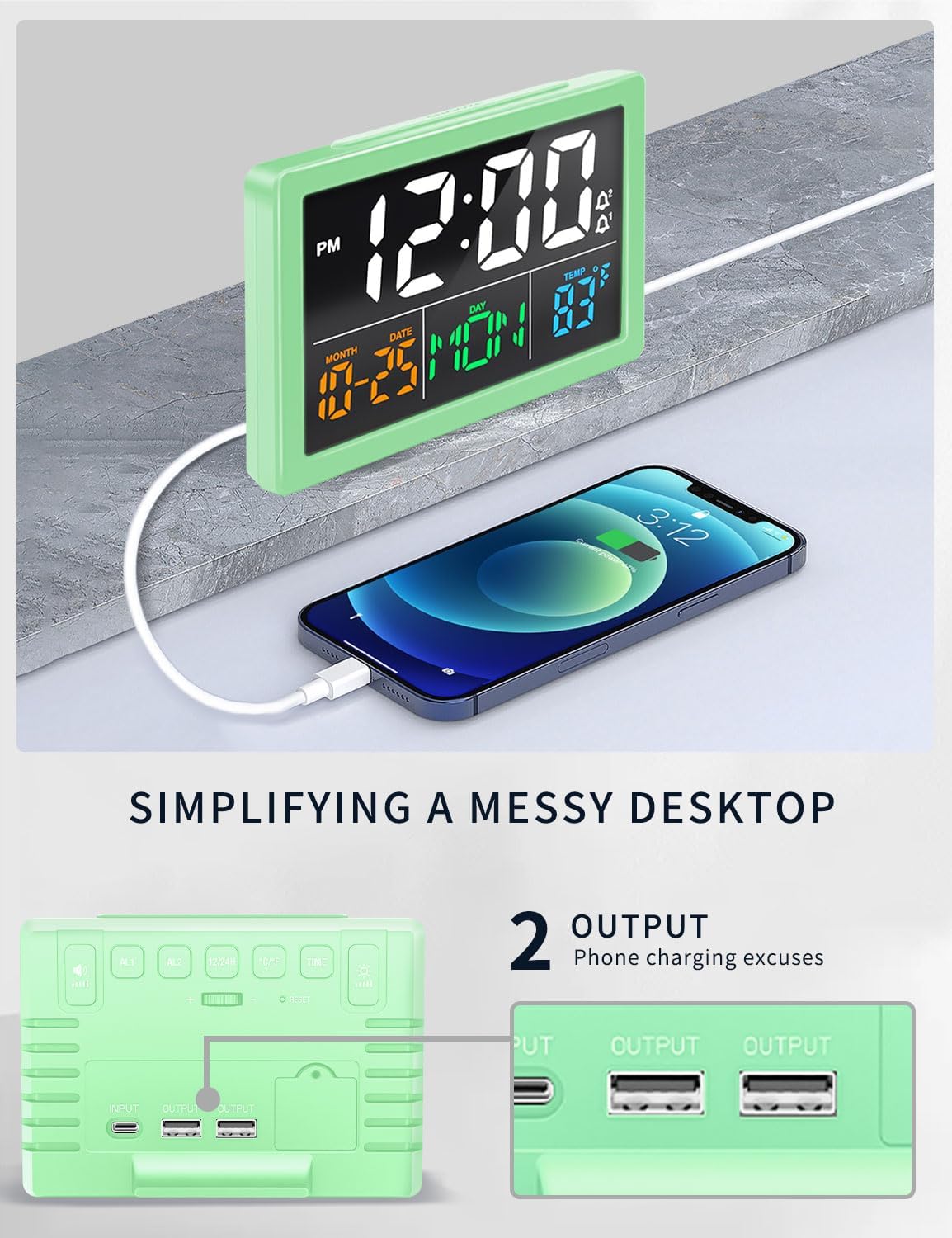 Digital Clock with Date Day for Seniors, Electric Alarm Clocks for Bedrooms with Temperature, 2 Alarms, Dimmer, Dual USB Charger, Battery Backup, Volume Control, Snooze, Bedside Desk Clock, Black