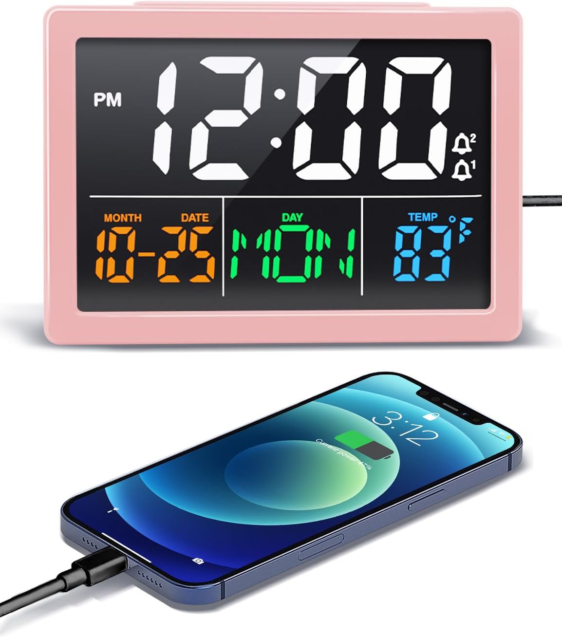 Digital Clock with Date Day for Seniors, Electric Alarm Clocks for Bedrooms with Temperature, 2 Alarms, Dimmer, Dual USB Charger, Battery Backup, Volume Control, Snooze, Bedside Desk Clock, Black