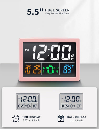 Digital Clock with Date Day for Seniors, Electric Alarm Clocks for Bedrooms with Temperature, 2 Alarms, Dimmer, Dual USB Charger, Battery Backup, Volume Control, Snooze, Bedside Desk Clock, Black