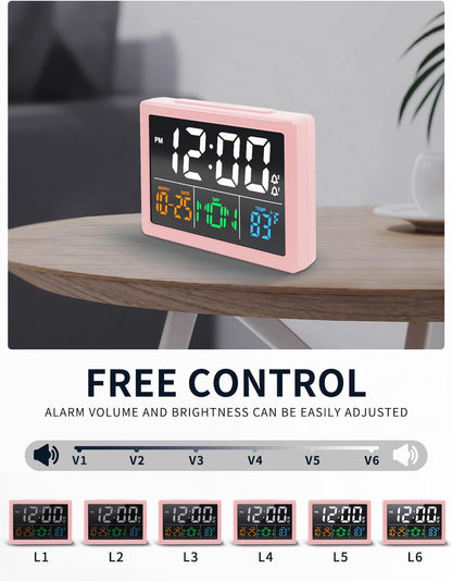 Digital Clock with Date Day for Seniors, Electric Alarm Clocks for Bedrooms with Temperature, 2 Alarms, Dimmer, Dual USB Charger, Battery Backup, Volume Control, Snooze, Bedside Desk Clock, Black