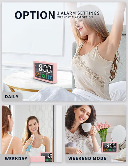 Digital Clock with Date Day for Seniors, Electric Alarm Clocks for Bedrooms with Temperature, 2 Alarms, Dimmer, Dual USB Charger, Battery Backup, Volume Control, Snooze, Bedside Desk Clock, Black