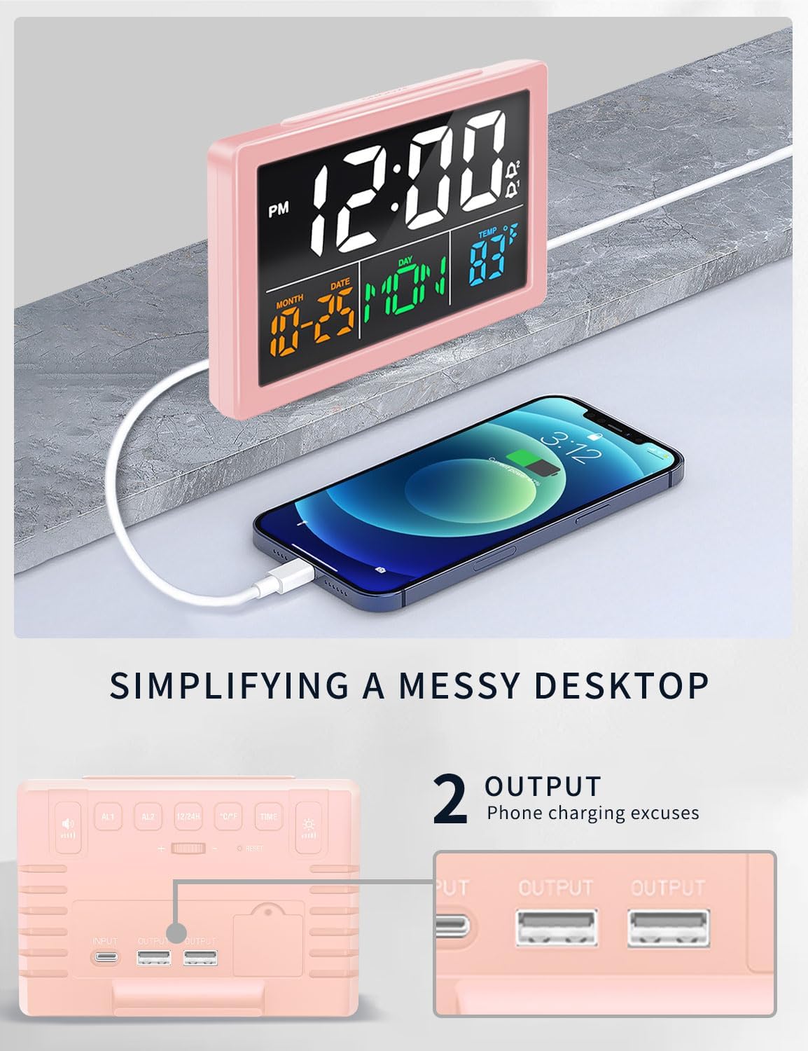 Digital Clock with Date Day for Seniors, Electric Alarm Clocks for Bedrooms with Temperature, 2 Alarms, Dimmer, Dual USB Charger, Battery Backup, Volume Control, Snooze, Bedside Desk Clock, Black