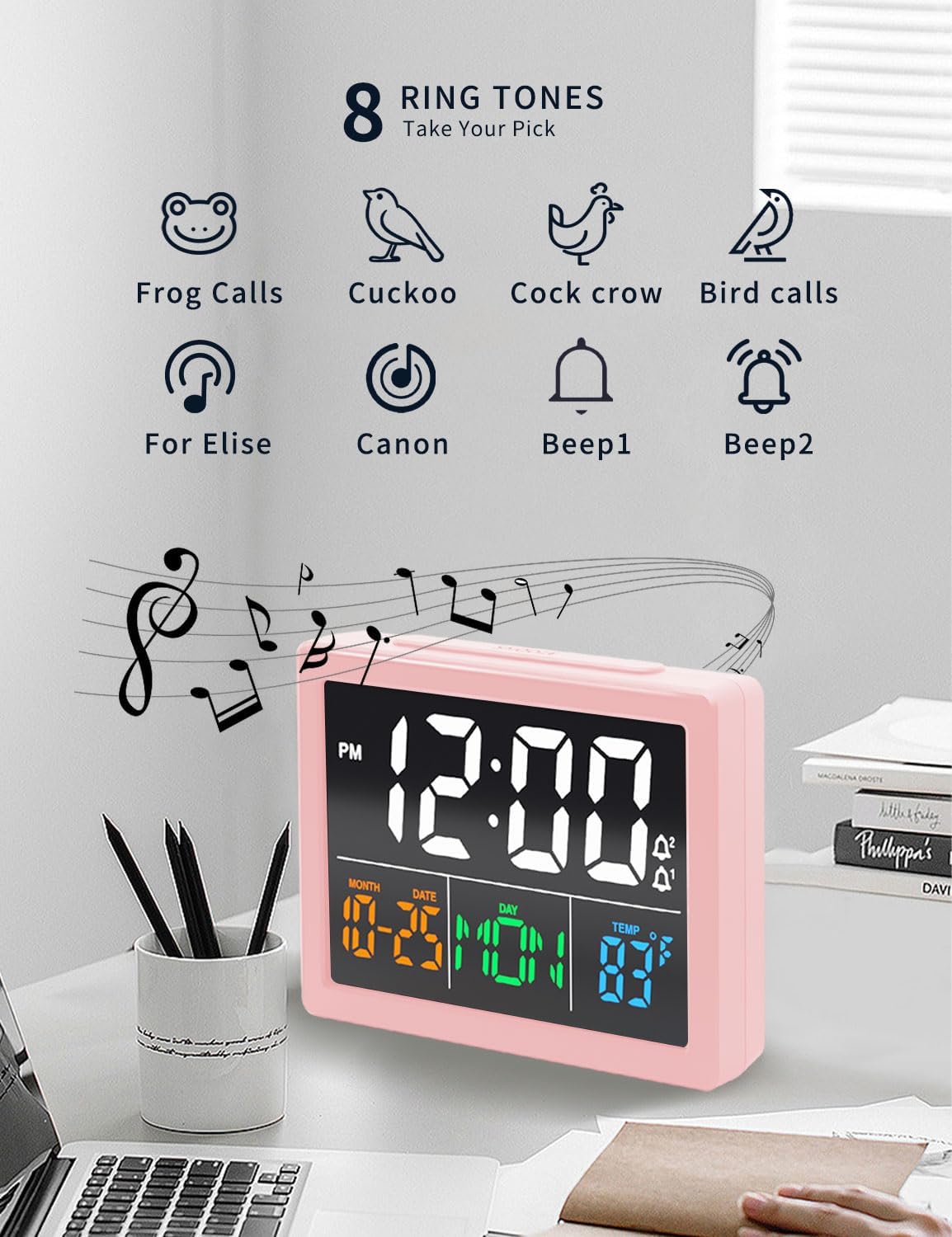Digital Clock with Date Day for Seniors, Electric Alarm Clocks for Bedrooms with Temperature, 2 Alarms, Dimmer, Dual USB Charger, Battery Backup, Volume Control, Snooze, Bedside Desk Clock, Black