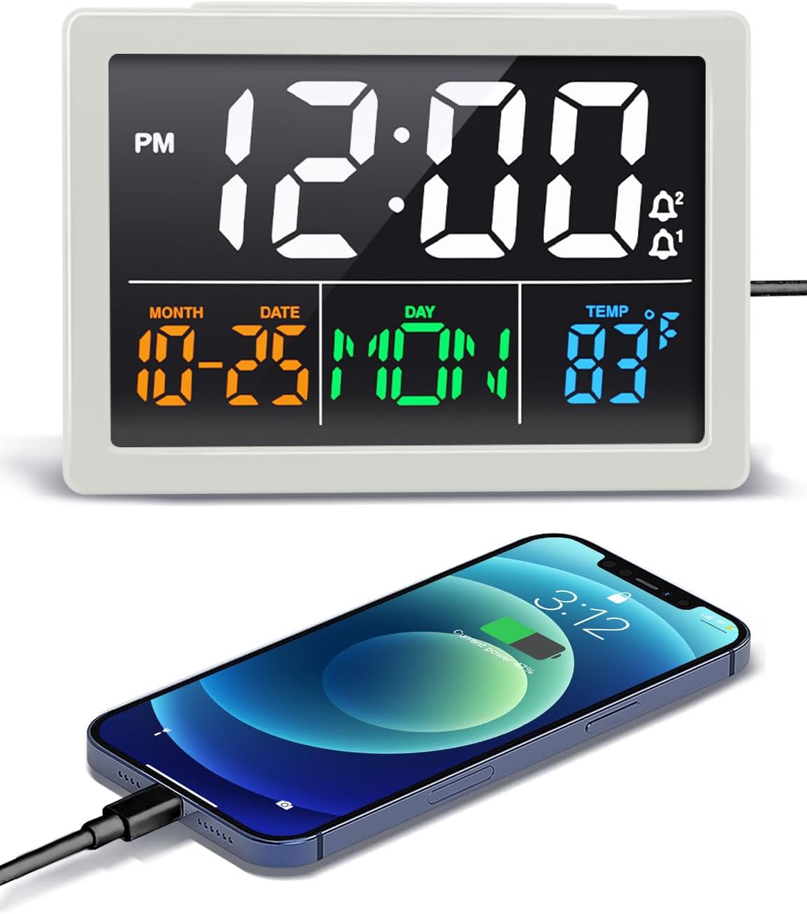 Digital Clock with Date Day for Seniors, Electric Alarm Clocks for Bedrooms with Temperature, 2 Alarms, Dimmer, Dual USB Charger, Battery Backup, Volume Control, Snooze, Bedside Desk Clock, Black