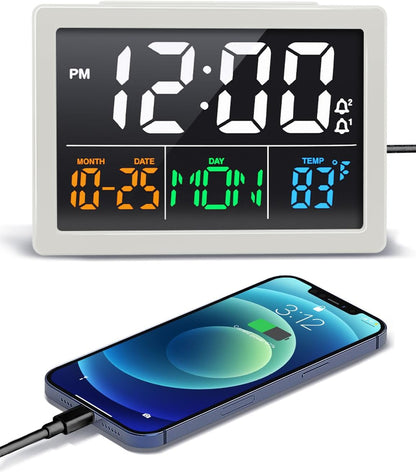 Digital Clock with Date Day for Seniors, Electric Alarm Clocks for Bedrooms with Temperature, 2 Alarms, Dimmer, Dual USB Charger, Battery Backup, Volume Control, Snooze, Bedside Desk Clock, Black