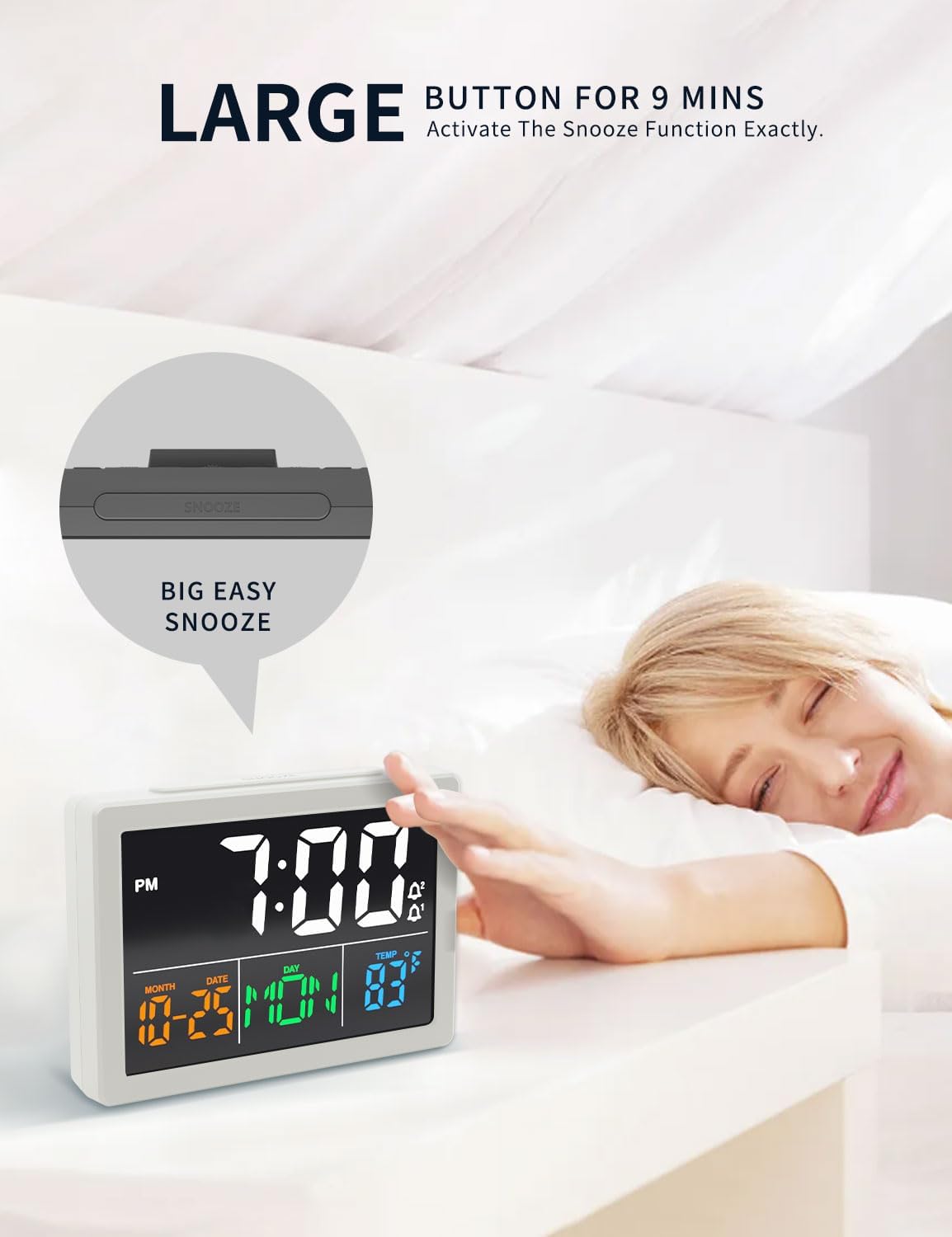 Digital Clock with Date Day for Seniors, Electric Alarm Clocks for Bedrooms with Temperature, 2 Alarms, Dimmer, Dual USB Charger, Battery Backup, Volume Control, Snooze, Bedside Desk Clock, Black