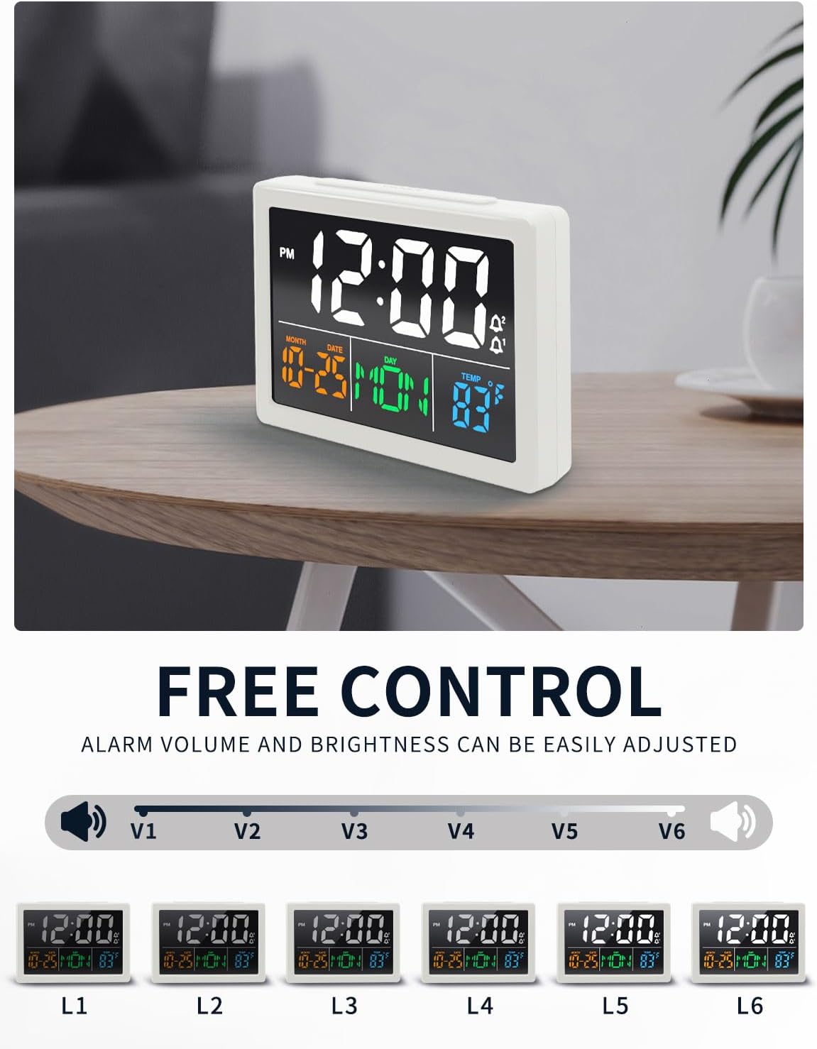Digital Clock with Date Day for Seniors, Electric Alarm Clocks for Bedrooms with Temperature, 2 Alarms, Dimmer, Dual USB Charger, Battery Backup, Volume Control, Snooze, Bedside Desk Clock, Black