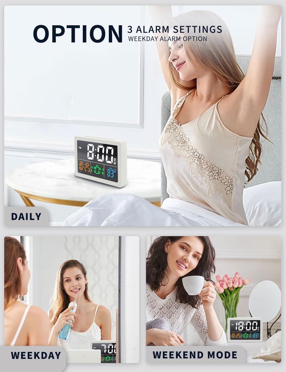 Digital Clock with Date Day for Seniors, Electric Alarm Clocks for Bedrooms with Temperature, 2 Alarms, Dimmer, Dual USB Charger, Battery Backup, Volume Control, Snooze, Bedside Desk Clock, Black