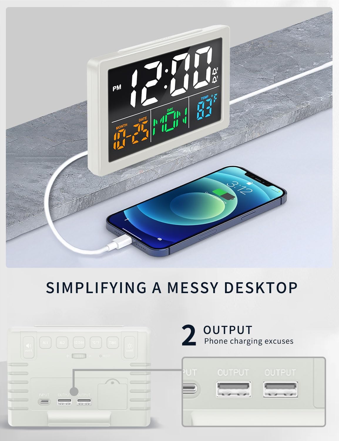 Digital Clock with Date Day for Seniors, Electric Alarm Clocks for Bedrooms with Temperature, 2 Alarms, Dimmer, Dual USB Charger, Battery Backup, Volume Control, Snooze, Bedside Desk Clock, Black