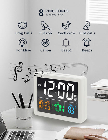 Digital Clock with Date Day for Seniors, Electric Alarm Clocks for Bedrooms with Temperature, 2 Alarms, Dimmer, Dual USB Charger, Battery Backup, Volume Control, Snooze, Bedside Desk Clock, Black