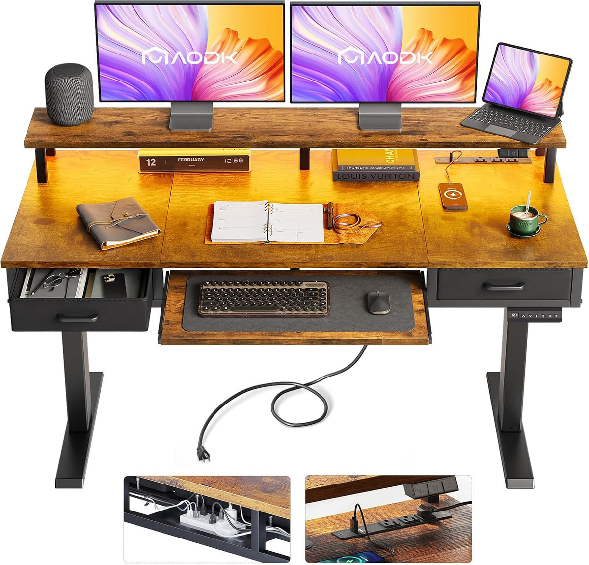 55 Inch Standing Desk with Drawers & Keyboard Tray, Rustic Brown