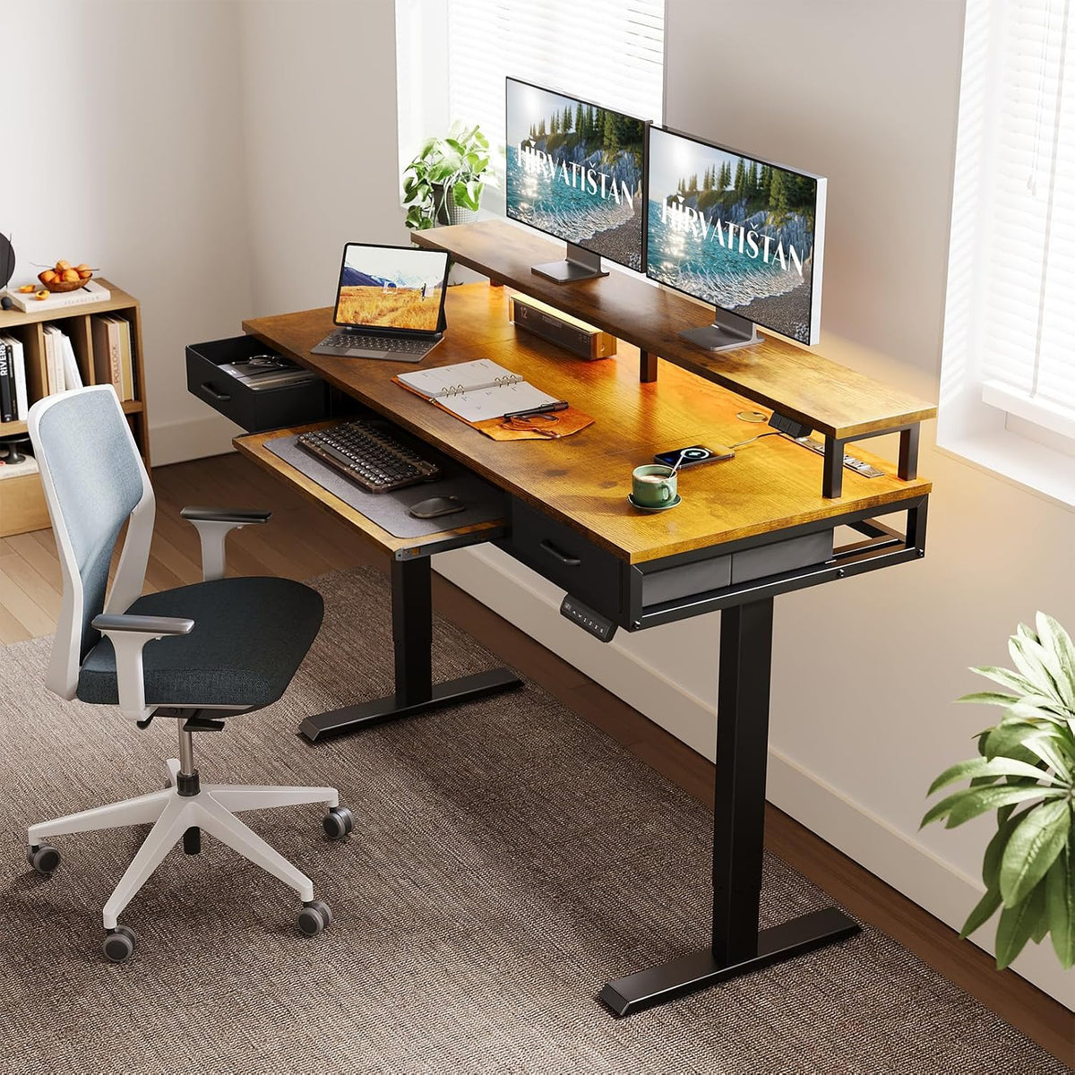 55 Inch Standing Desk with Drawers & Keyboard Tray, Rustic Brown