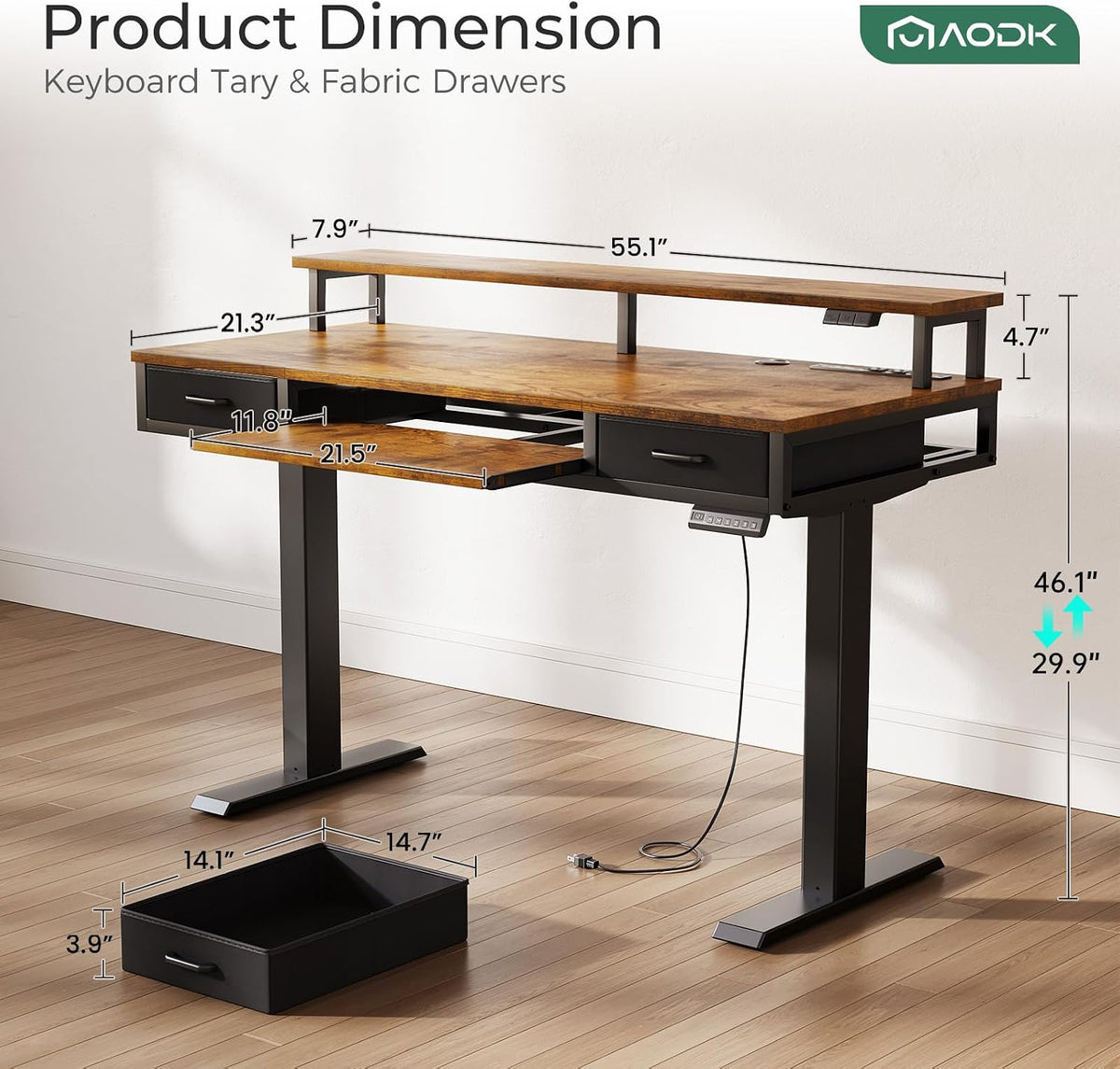 55 Inch Standing Desk with Drawers & Keyboard Tray, Rustic Brown