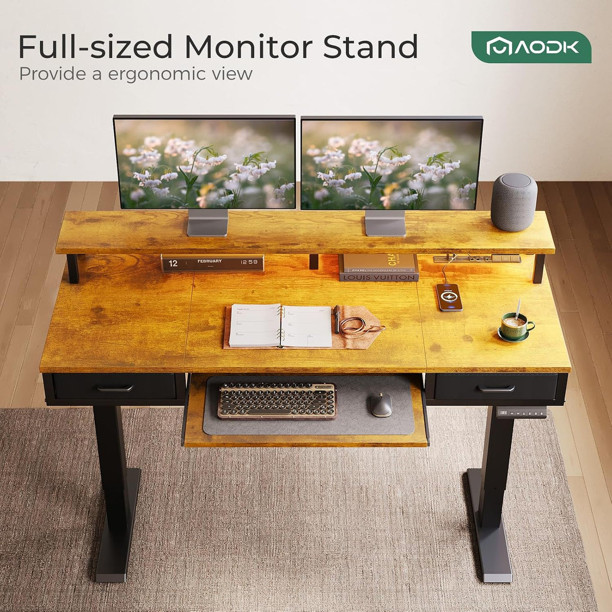 55 Inch Standing Desk with Drawers & Keyboard Tray, Rustic Brown