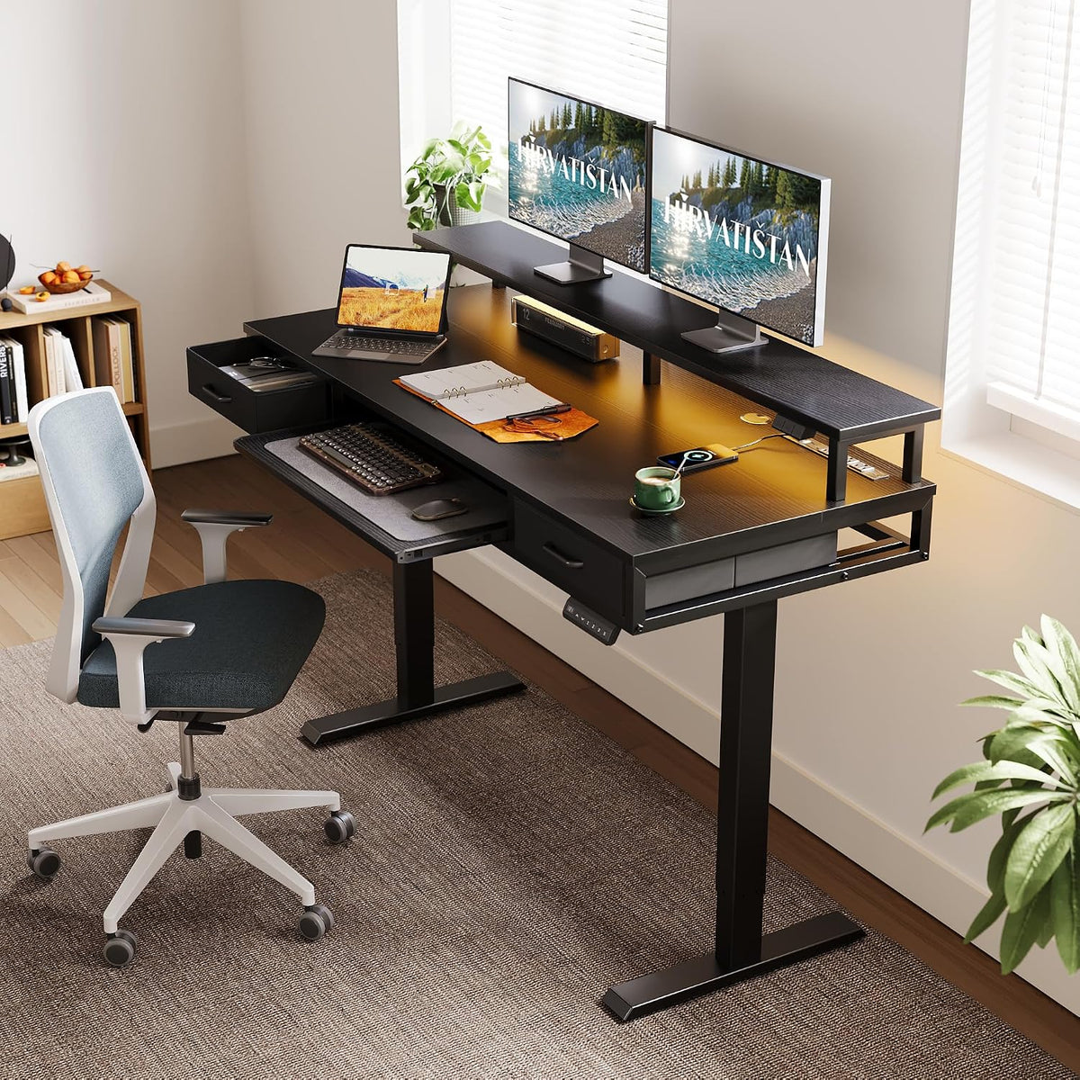 55 Inch Standing Desk with Drawers & Keyboard Tray, Rustic Brown