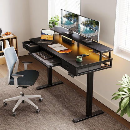 55 Inch Standing Desk with Drawers & Keyboard Tray, Rustic Brown