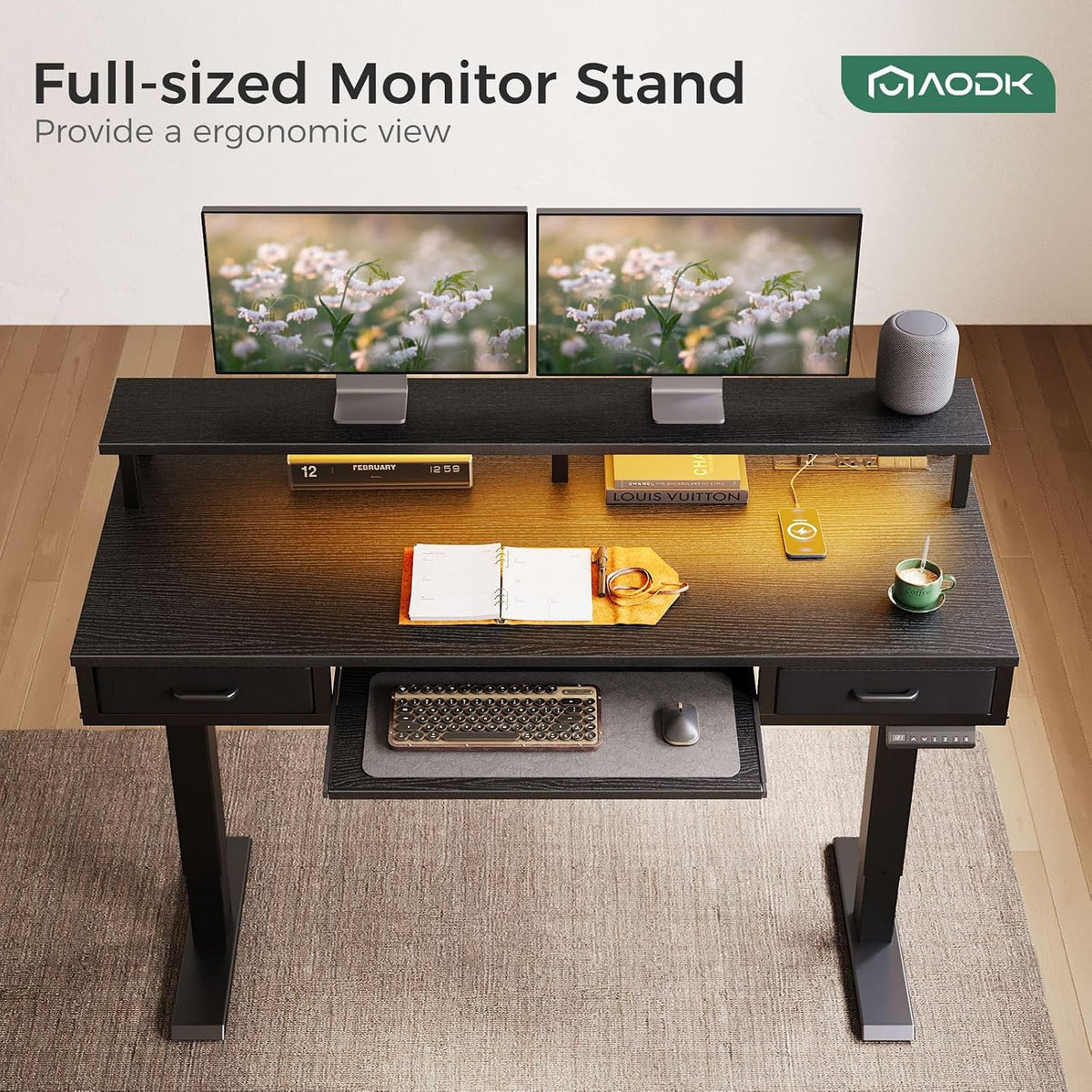 55 Inch Standing Desk with Drawers & Keyboard Tray, Rustic Brown