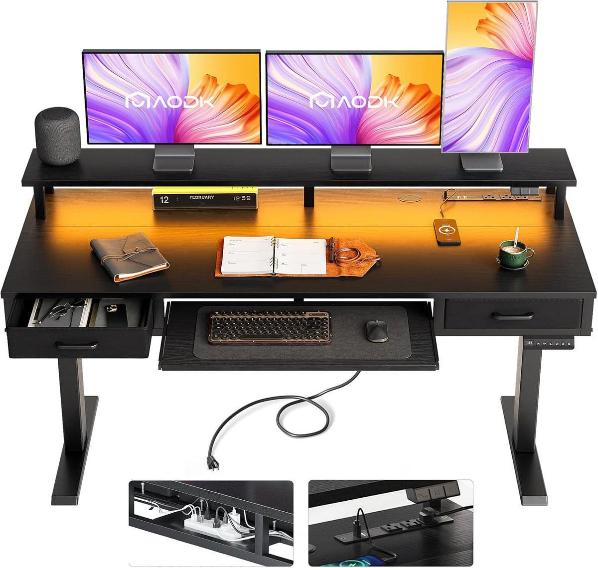 55 Inch Standing Desk with Drawers & Keyboard Tray, Rustic Brown