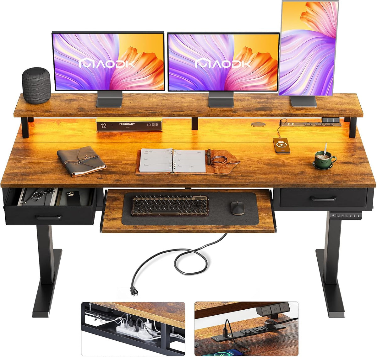 55 Inch Standing Desk with Drawers & Keyboard Tray, Rustic Brown