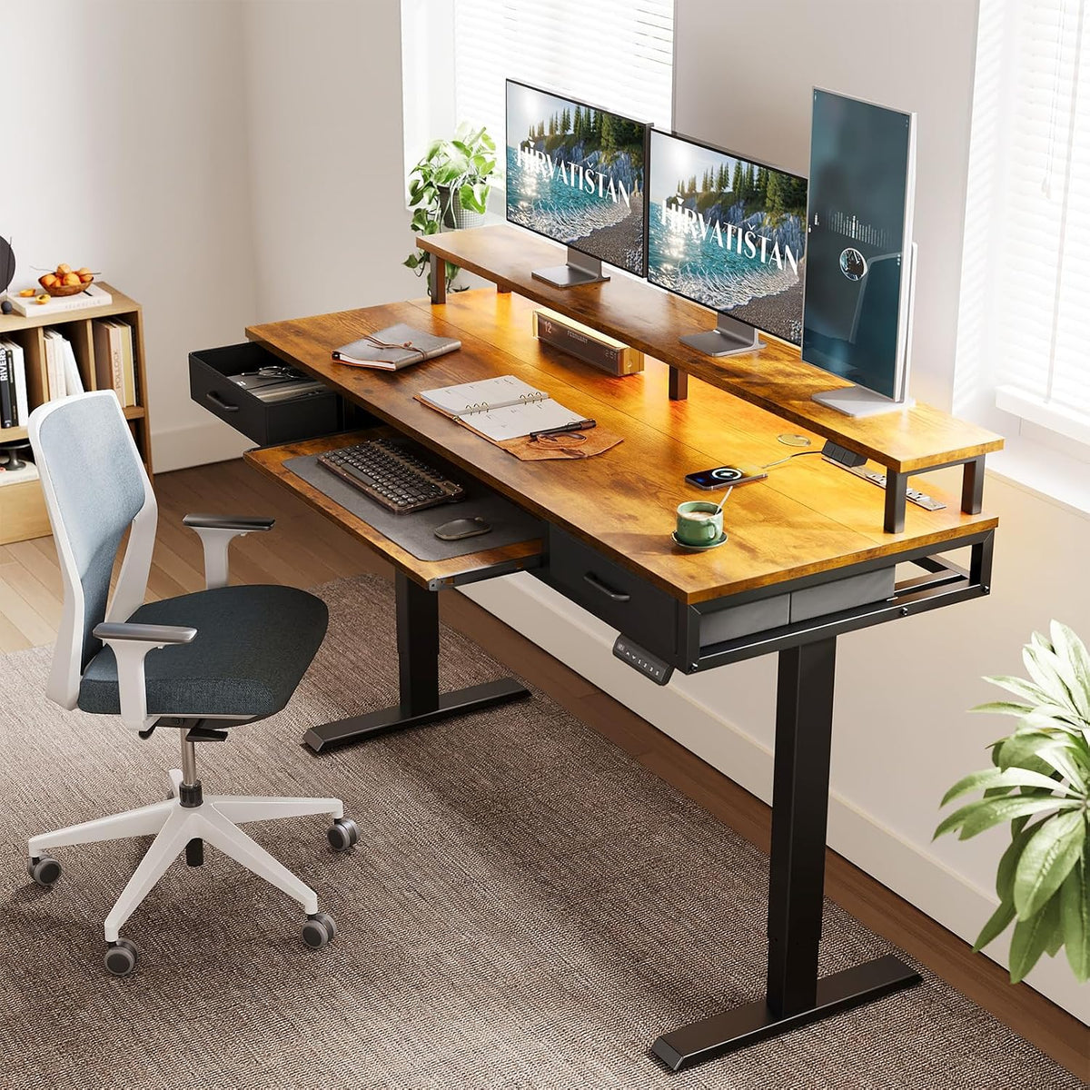 55 Inch Standing Desk with Drawers & Keyboard Tray, Rustic Brown
