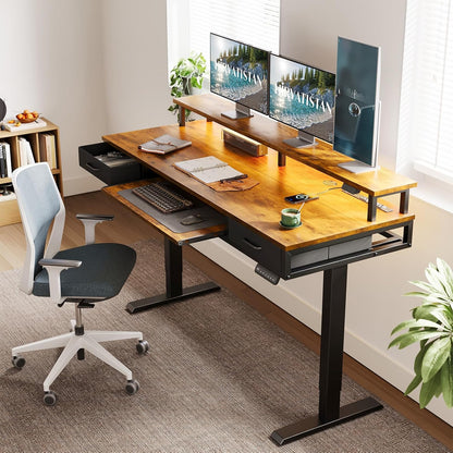 55 Inch Standing Desk with Drawers & Keyboard Tray, Rustic Brown
