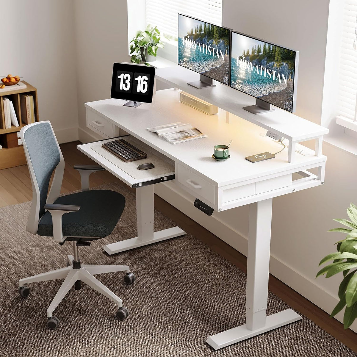 55 Inch Standing Desk with Drawers & Keyboard Tray, Rustic Brown