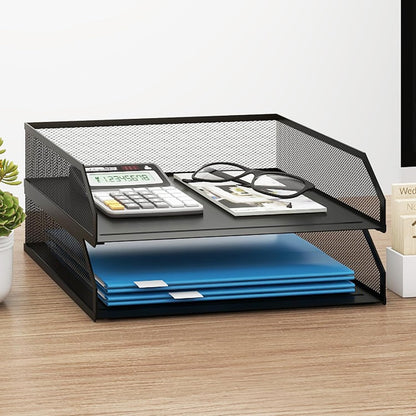 2-Tier Stackable Metal Mesh Paper Organizer with Sliding Tray,Black