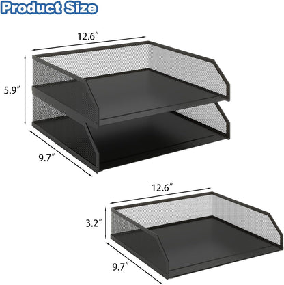 2-Tier Stackable Metal Mesh Paper Organizer with Sliding Tray,Black