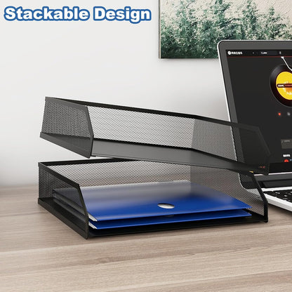 2-Tier Stackable Metal Mesh Paper Organizer with Sliding Tray,Black