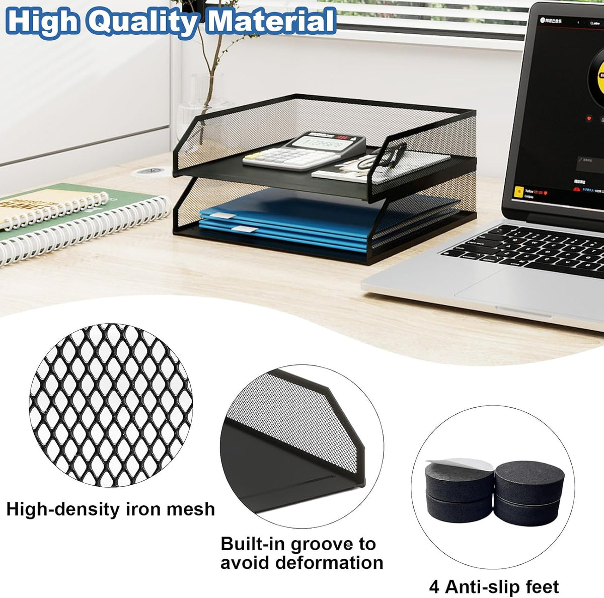 2-Tier Stackable Metal Mesh Paper Organizer with Sliding Tray,Black