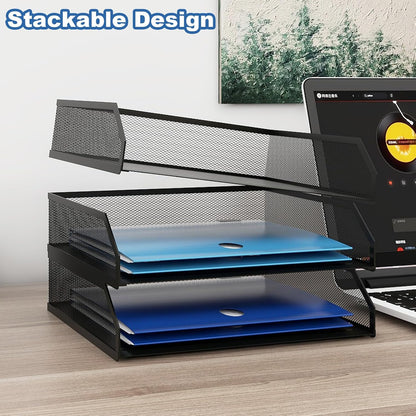 2-Tier Stackable Metal Mesh Paper Organizer with Sliding Tray,Black