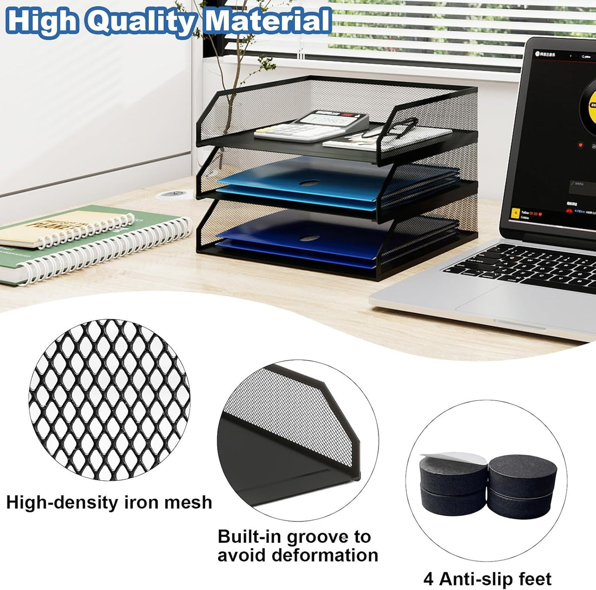 2-Tier Stackable Metal Mesh Paper Organizer with Sliding Tray,Black